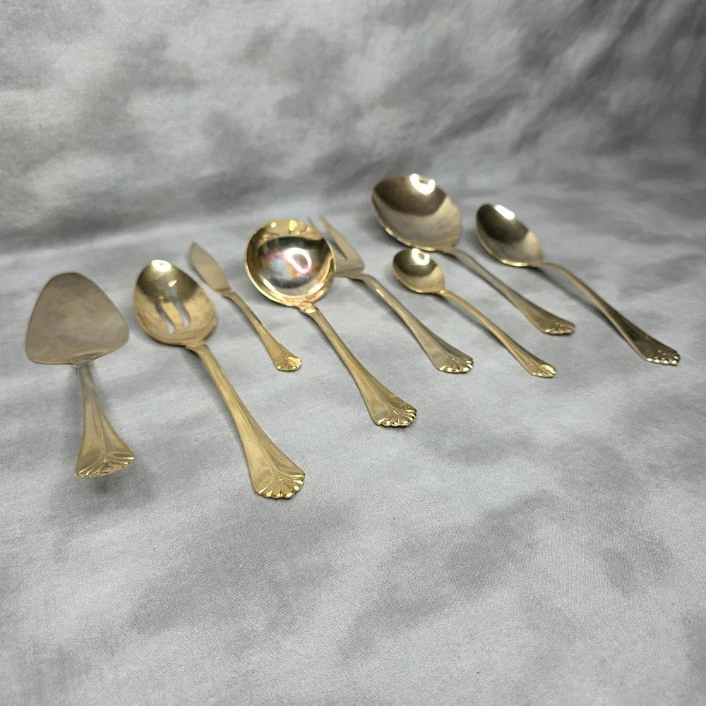 (X8) International Silver INS398 Gold Electroplate Varied Serving Flatware Vtg
